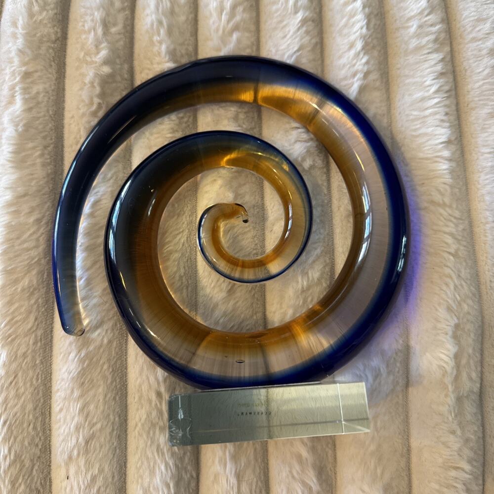 Murano Style Blue&Green Spiral Art Glass Sculpture on Acrylic Base–Modern Decor